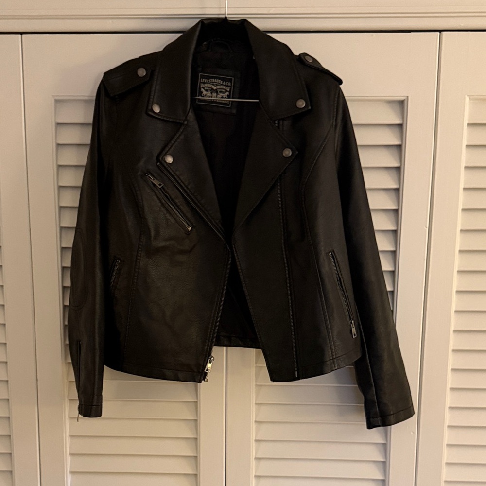 Levi's Black Leather Moto Biker Jacket with Silver Hardware